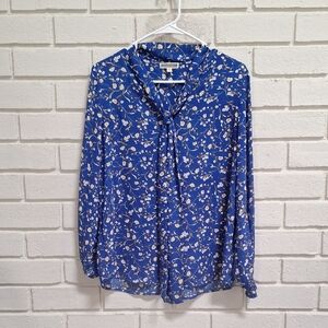 Pleione Royal Blue Floral Tie Detail Balloon Sleeve Blouse. Size Medium NWOT